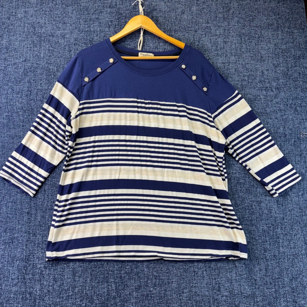 Sapphire Striped Top Womens 3X Navy Blue Viscose Relaxed 3/4 Sleeve Button Top